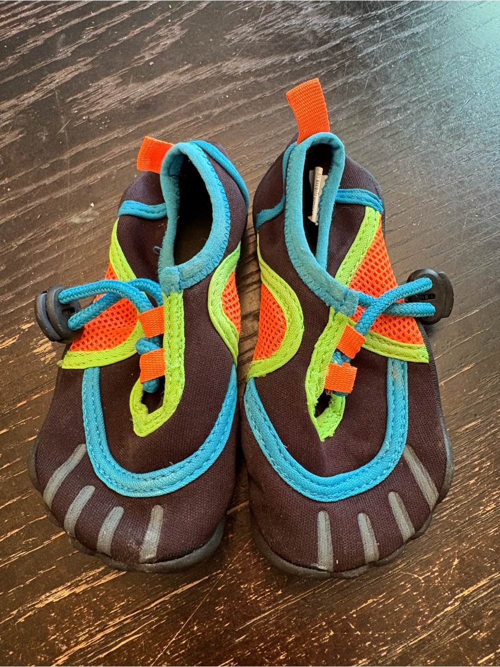 The Children's Place Kids Water Shoes in Black with Blue, Green & Orange Accents